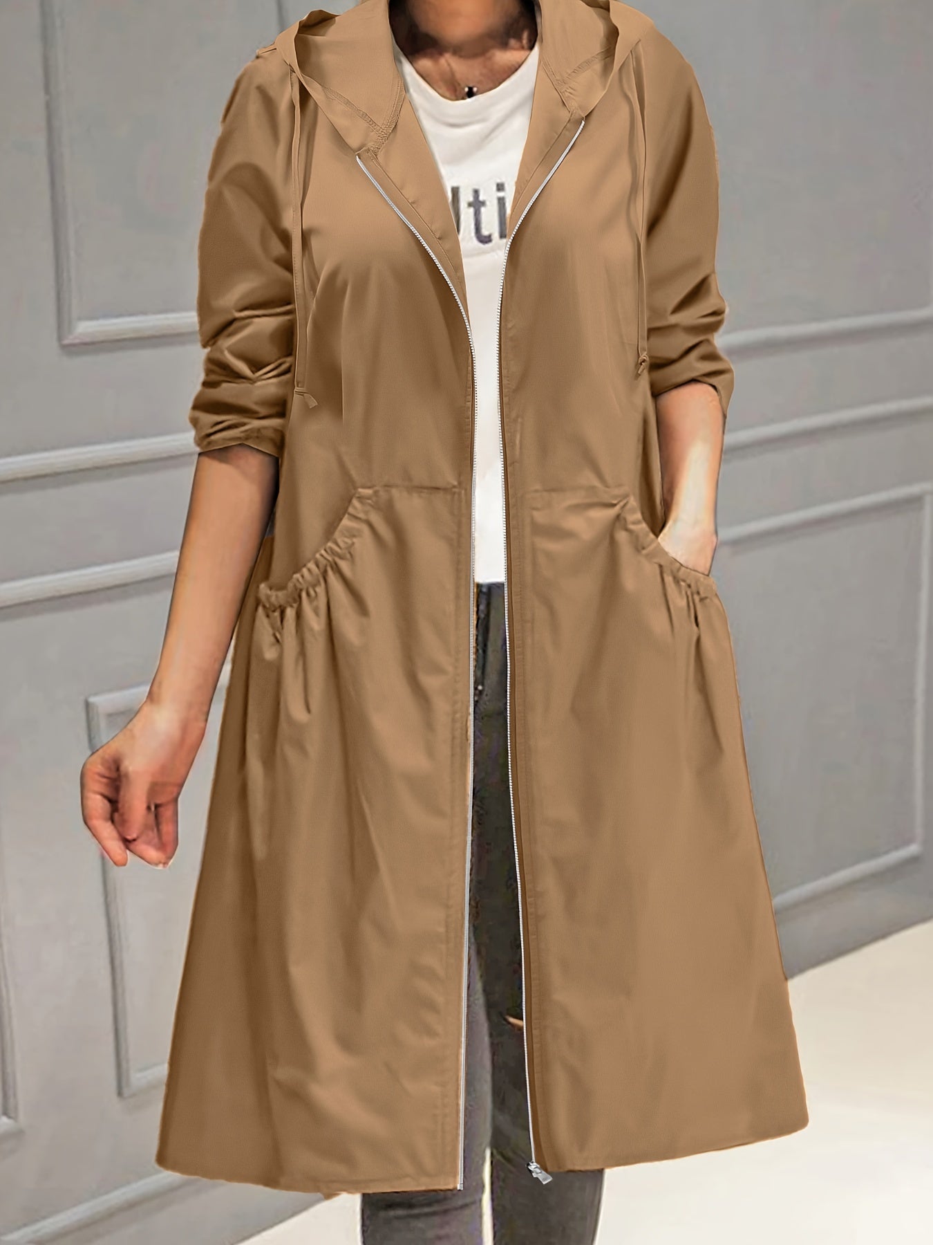 xieyinshe  Plus Size Casual Trench Coat, Women's Plus Solid Long Sleeve Hooded Drawstring Zipper Longline Trench Coat With Pockets