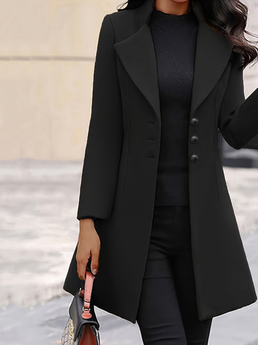 xieyinshe Solid Button Front Trench Coat, Elegant Lapel Neck Long Sleeve Warm Coat, Women's Clothing