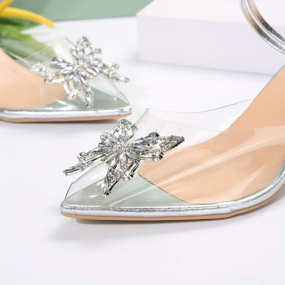 xieyinshe  Women's Rhinestone Butterfly High Heels, Fashion Transparent Pointed Toe Slingback Sandals, Stylish Party & Banquet Sandals