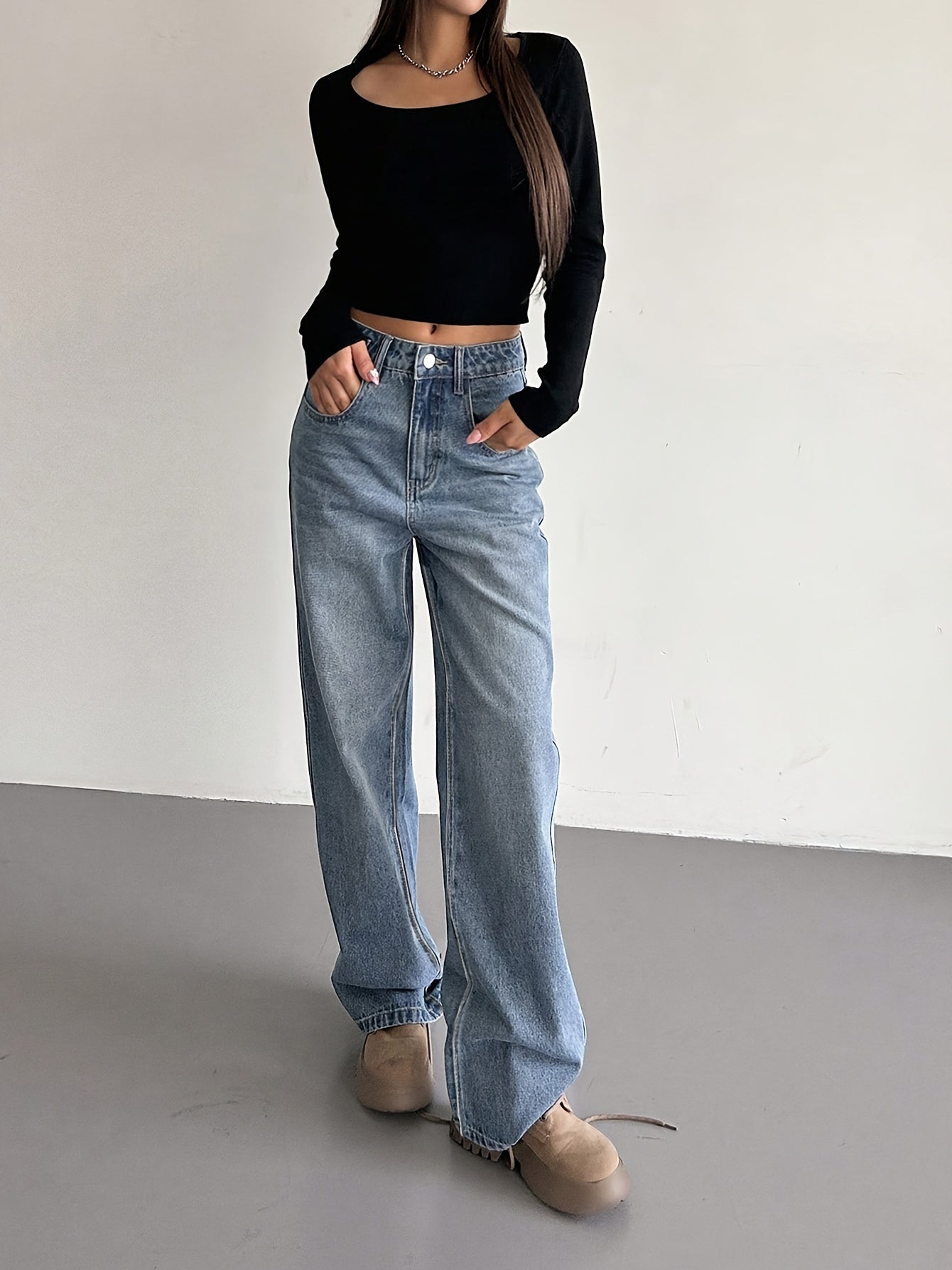 xieyinshe  Loose Fit Washed Straight Jeans, Slant Pockets Non-Stretch Casual Denim Pants, Women's Denim Jeans & Clothing