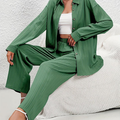 Solid Striped Two-piece Set, Button Front Long Sleeve Shirt & High Waist Wide Leg Pants Outfits, Women's Clothing