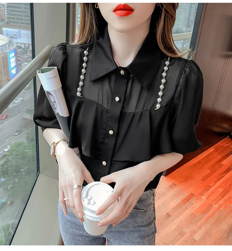 New women's fashion design turn down collar beading chains patchwork puff half sleeve chiffon blouse shirt plus size tops SMLXL