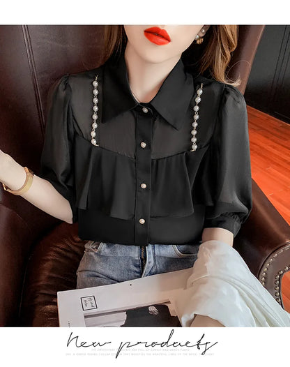 New women's fashion design turn down collar beading chains patchwork puff half sleeve chiffon blouse shirt plus size tops SMLXL