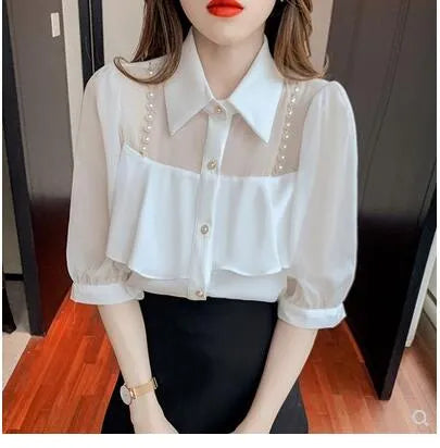 New women's fashion design turn down collar beading chains patchwork puff half sleeve chiffon blouse shirt plus size tops SMLXL