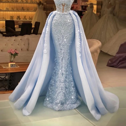 Light Sky Blue Mermaid Evening Dresses With Detachable Train Arabic Aso Ebi Sheer Neck Lace Appliques Women Formal Prom Party Gowns Plus Size Vestidos De Novia AL9778