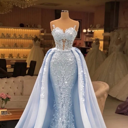 Light Sky Blue Mermaid Evening Dresses With Detachable Train Arabic Aso Ebi Sheer Neck Lace Appliques Women Formal Prom Party Gowns Plus Size Vestidos De Novia AL9778