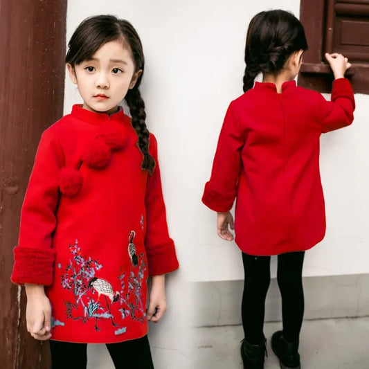 Kids Girls Dresses New Winter Chinese Cheongsam Style Thick Warm New Year Baby Girls Long Sleeve Princess Dresses For 2-8 Years 2 Colors