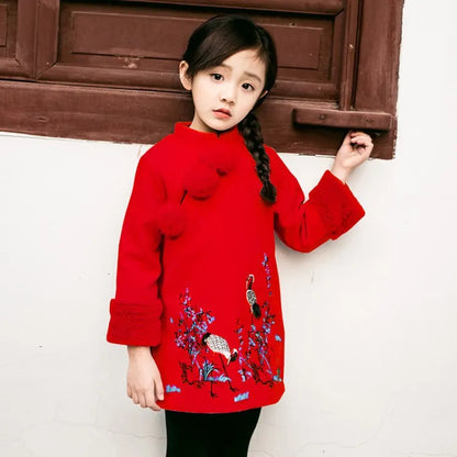 Kids Girls Dresses New Winter Chinese Cheongsam Style Thick Warm New Year Baby Girls Long Sleeve Princess Dresses For 2-8 Years 2 Colors