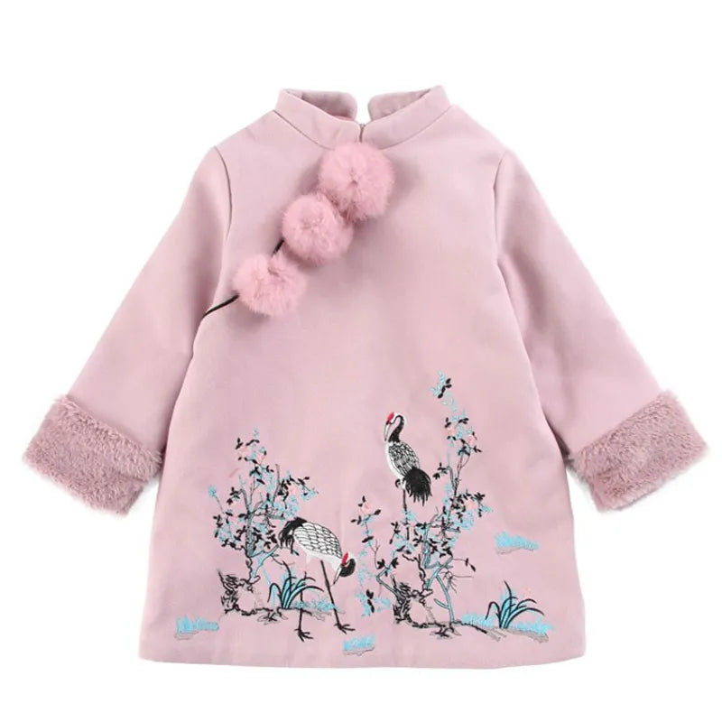 Kids Girls Dresses New Winter Chinese Cheongsam Style Thick Warm New Year Baby Girls Long Sleeve Princess Dresses For 2-8 Years 2 Colors