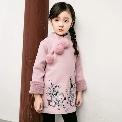 Kids Girls Dresses New Winter Chinese Cheongsam Style Thick Warm New Year Baby Girls Long Sleeve Princess Dresses For 2-8 Years 2 Colors