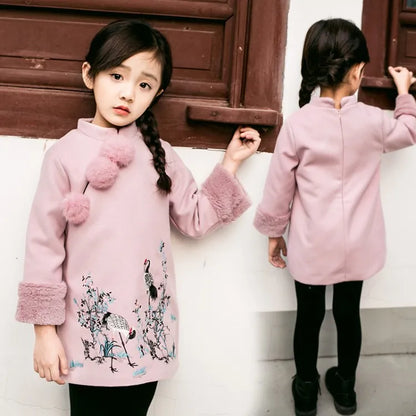 Kids Girls Dresses New Winter Chinese Cheongsam Style Thick Warm New Year Baby Girls Long Sleeve Princess Dresses For 2-8 Years 2 Colors