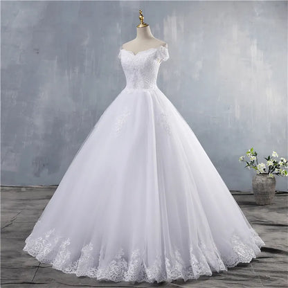 ZJ9143  Ball Gown Off The Shoulder Wedding Dresses Short Sleeves Bridal Dress White Ivory Lace Appliques