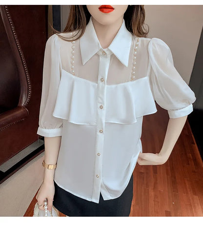 New women's fashion design turn down collar beading chains patchwork puff half sleeve chiffon blouse shirt plus size tops SMLXL