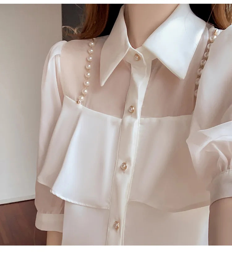 New women's fashion design turn down collar beading chains patchwork puff half sleeve chiffon blouse shirt plus size tops SMLXL