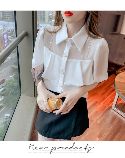 New women's fashion design turn down collar beading chains patchwork puff half sleeve chiffon blouse shirt plus size tops SMLXL