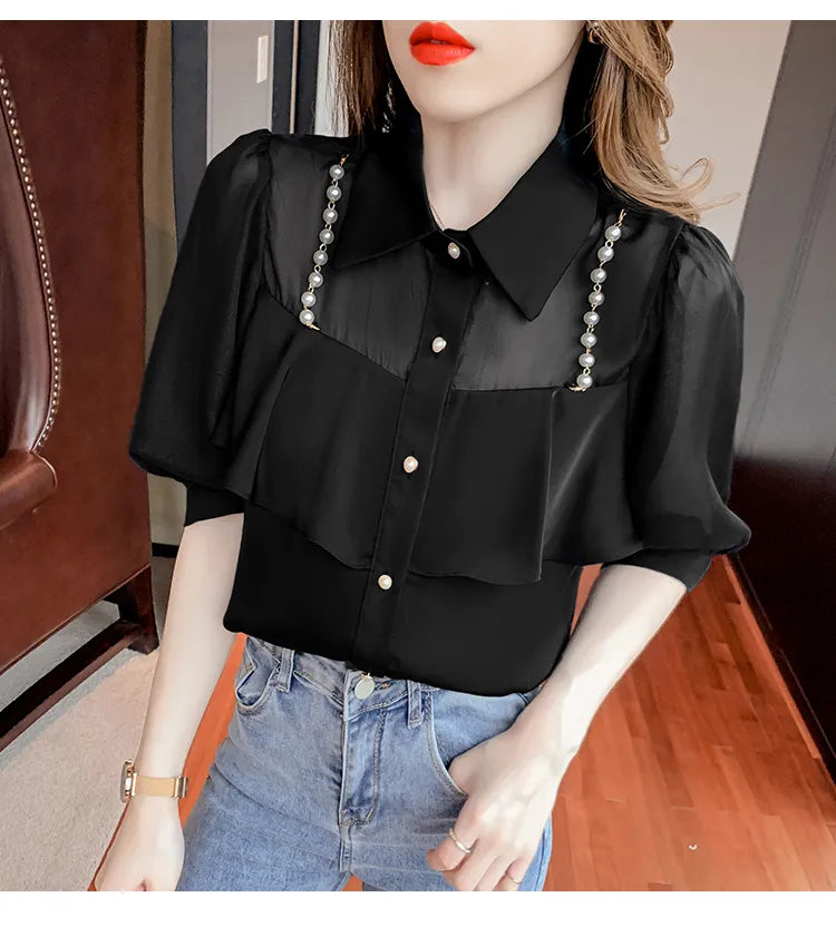 New women's fashion design turn down collar beading chains patchwork puff half sleeve chiffon blouse shirt plus size tops SMLXL