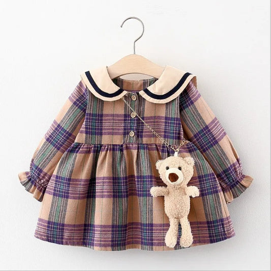 Cute Baby Girls Princess Dress Spring Autumn Girl Long Sleeve Plaid Dresses With Little Bear Great Quality Kids Casual Skirts Children Clothes