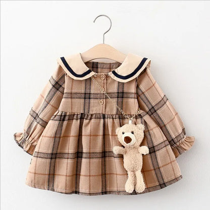 Cute Baby Girls Princess Dress Spring Autumn Girl Long Sleeve Plaid Dresses With Little Bear Great Quality Kids Casual Skirts Children Clothes