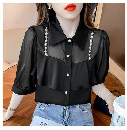 New women's fashion design turn down collar beading chains patchwork puff half sleeve chiffon blouse shirt plus size tops SMLXL