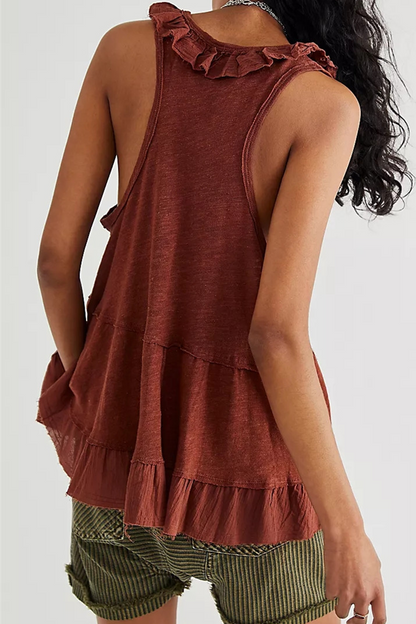 Casual Solid Split Joint Flounce V Neck Tops