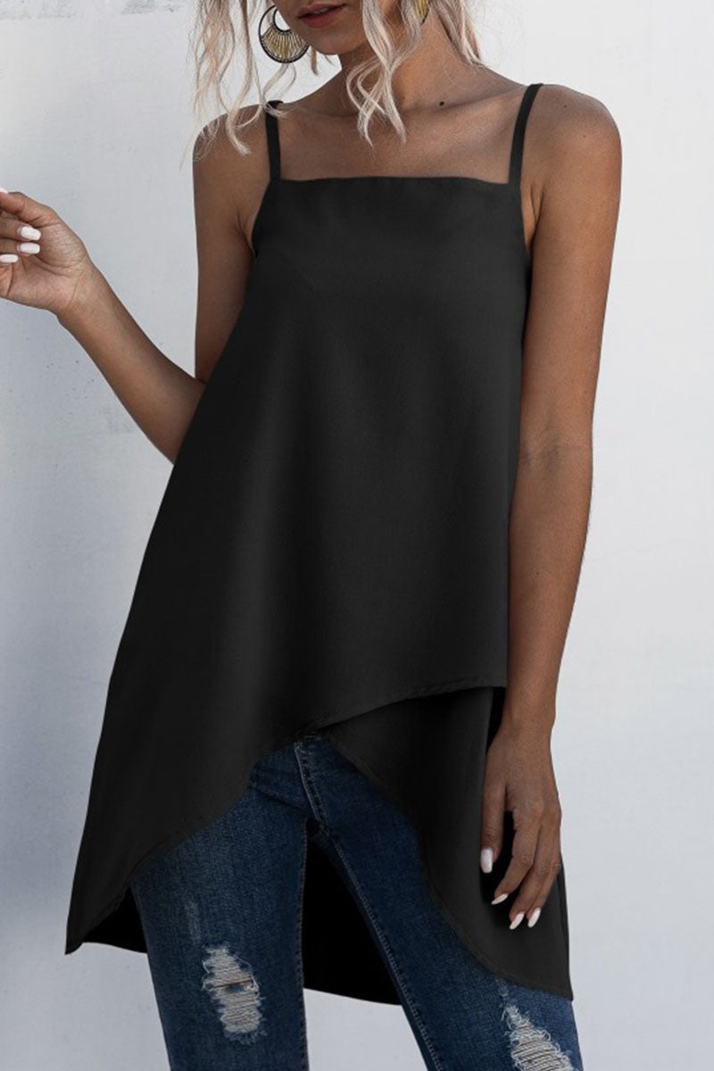 Fashion Casual Solid Split Joint Asymmetrical Spaghetti Strap Tops