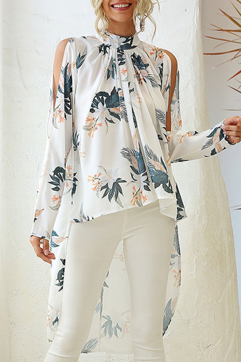 Fashion Street Print Asymmetrical O Neck Tops