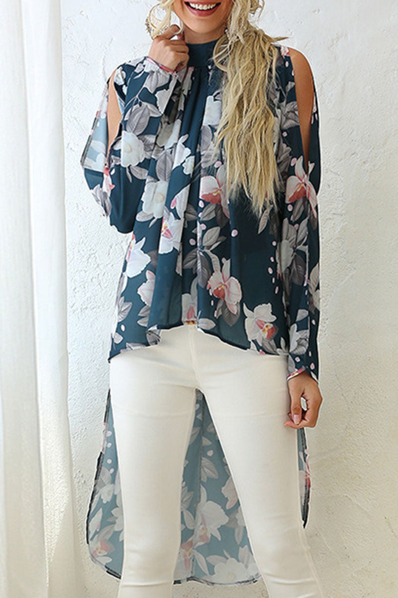 Fashion Street Print Asymmetrical O Neck Tops