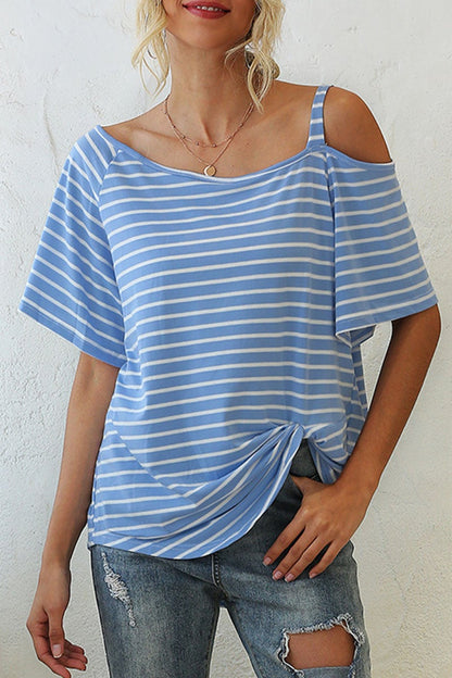 Fashion Street Striped Split Joint Oblique Collar T-Shirts