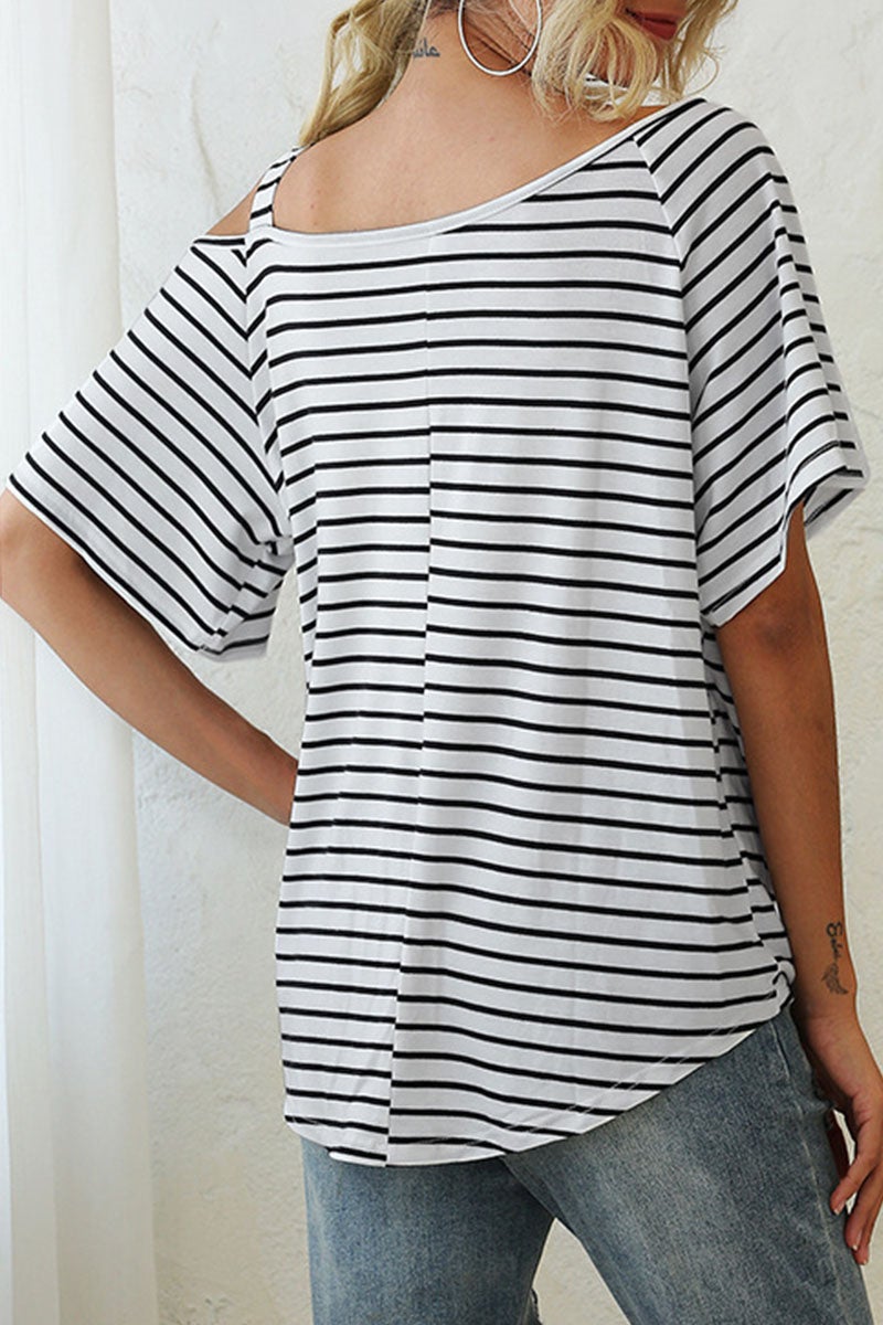 Fashion Street Striped Split Joint Oblique Collar T-Shirts