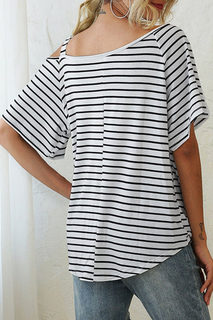 Fashion Street Striped Split Joint Oblique Collar T-Shirts