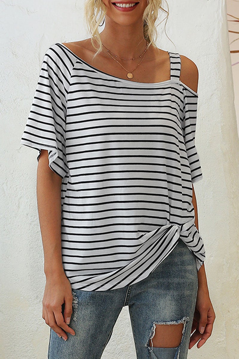 Fashion Street Striped Split Joint Oblique Collar T-Shirts