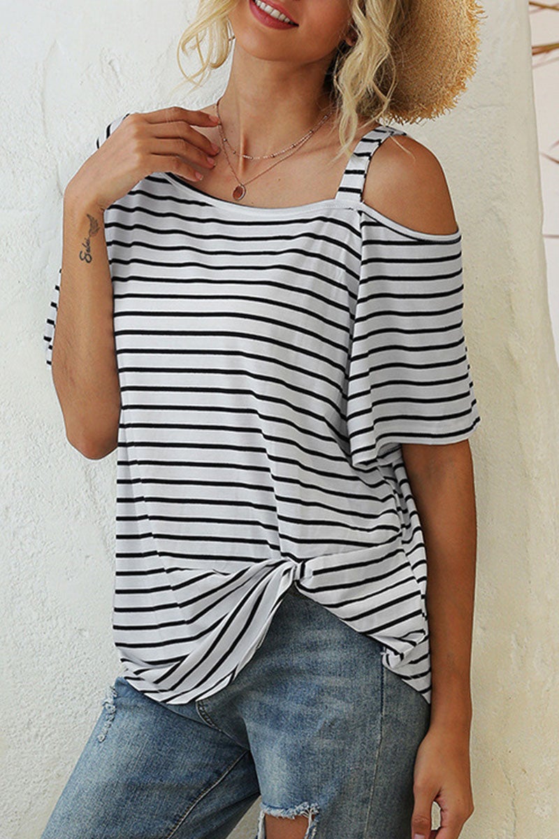 Fashion Street Striped Split Joint Oblique Collar T-Shirts