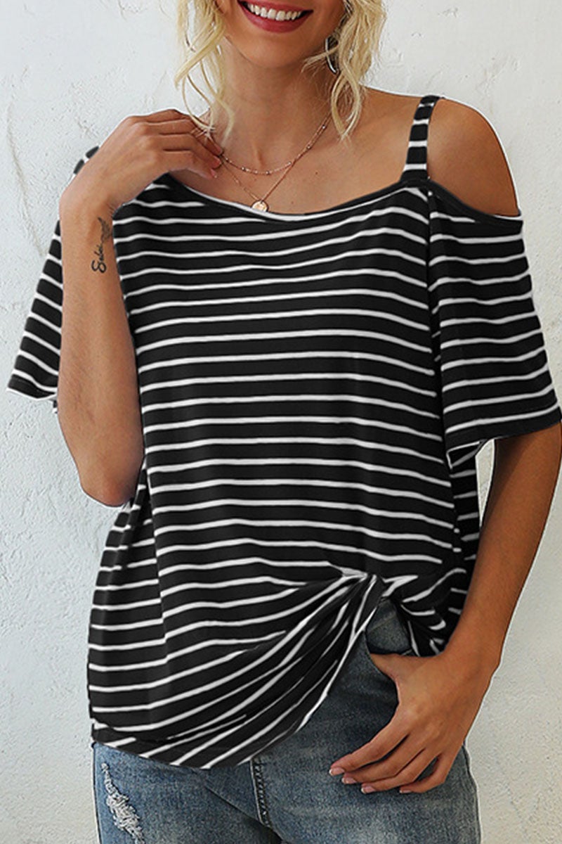 Fashion Street Striped Split Joint Oblique Collar T-Shirts