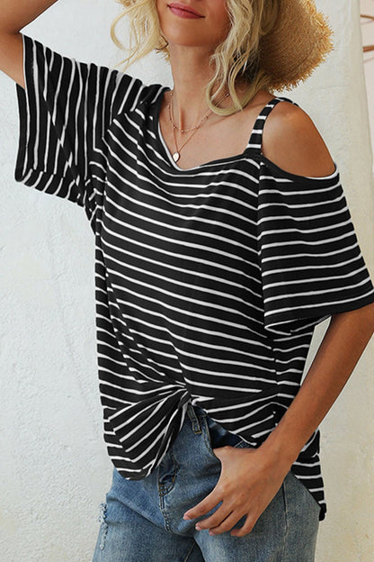 Fashion Street Striped Split Joint Oblique Collar T-Shirts