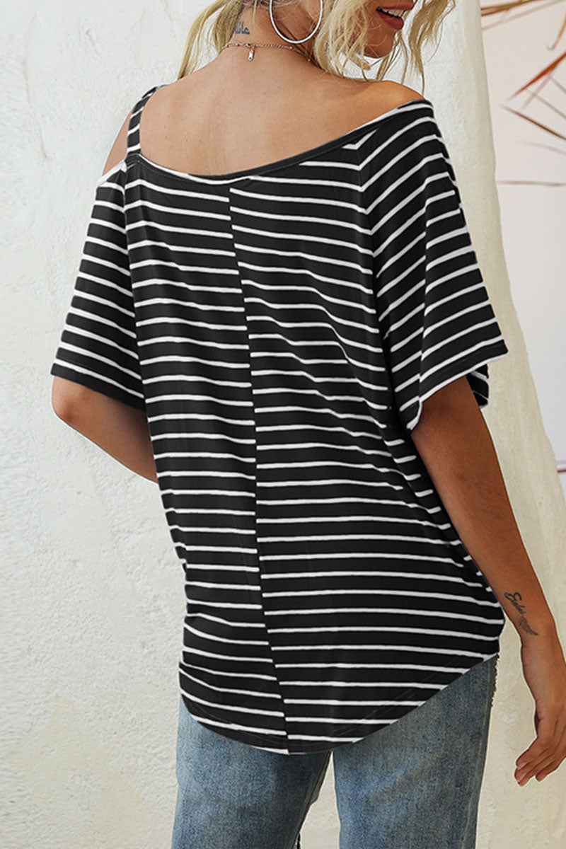 Fashion Street Striped Split Joint Oblique Collar T-Shirts