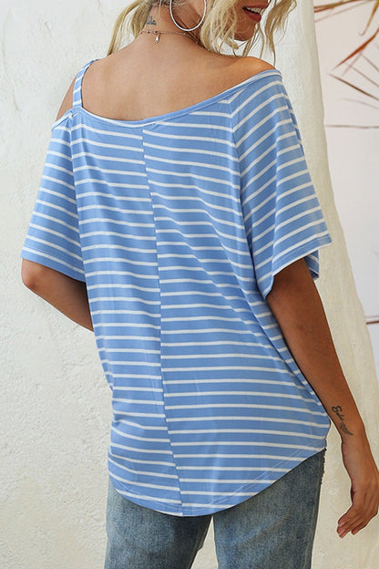 Fashion Street Striped Split Joint Oblique Collar T-Shirts