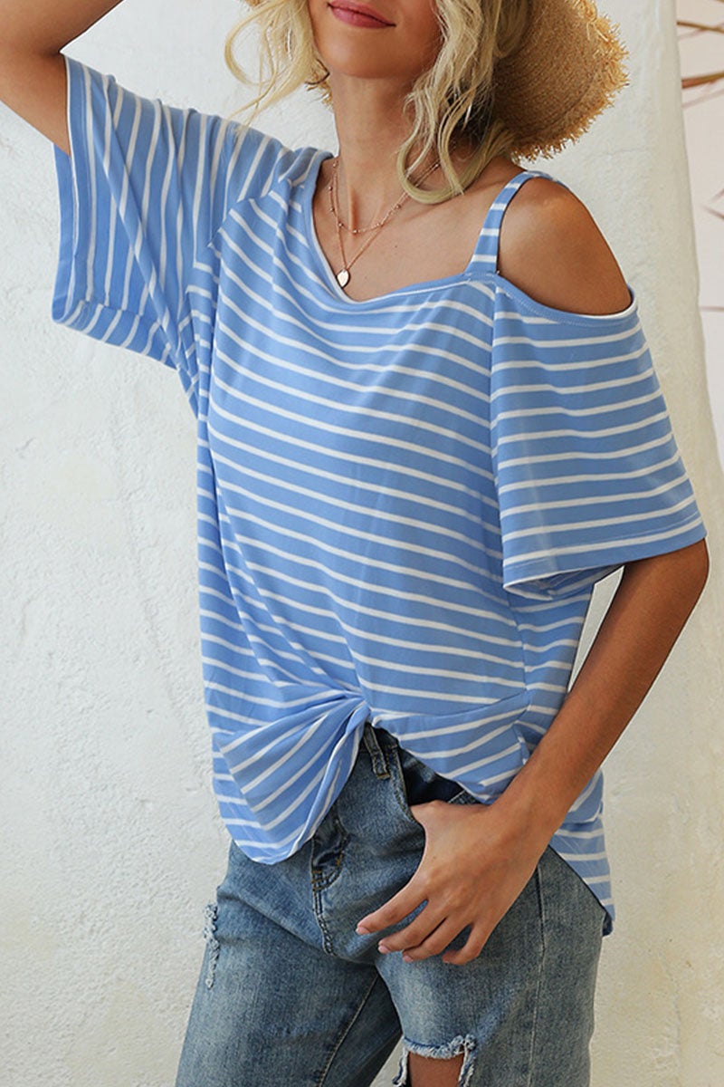 Fashion Street Striped Split Joint Oblique Collar T-Shirts