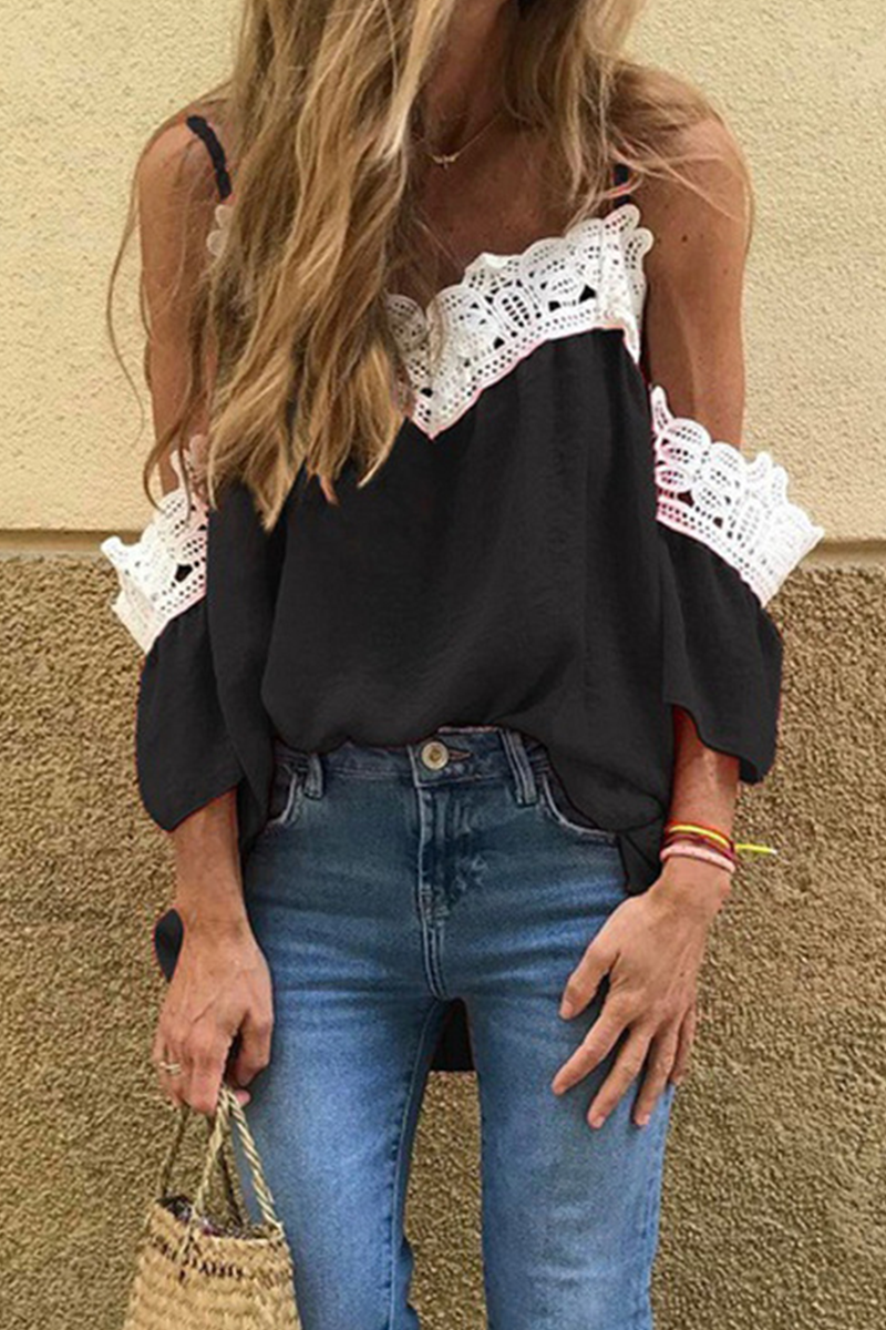 Fashion Elegant Patchwork Lace  Contrast V Neck T-Shirts