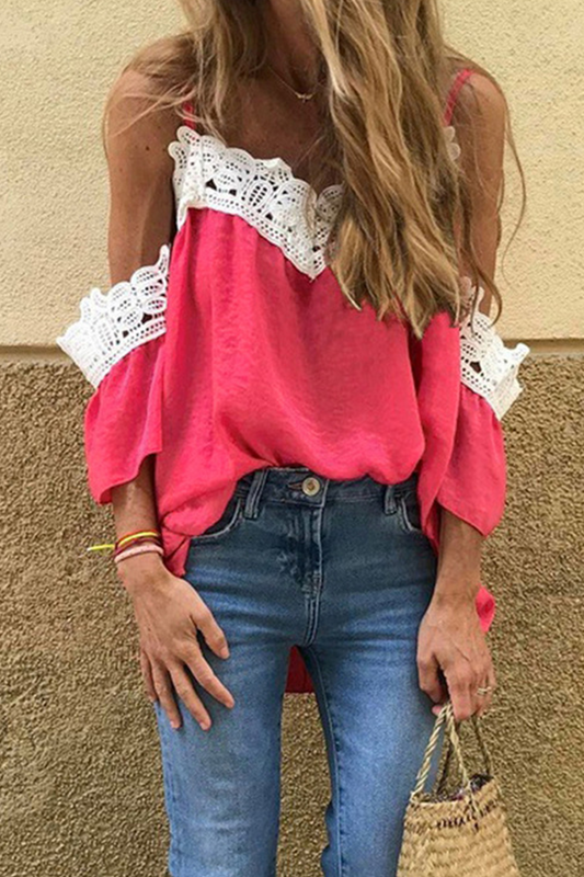 Fashion Elegant Patchwork Lace  Contrast V Neck T-Shirts