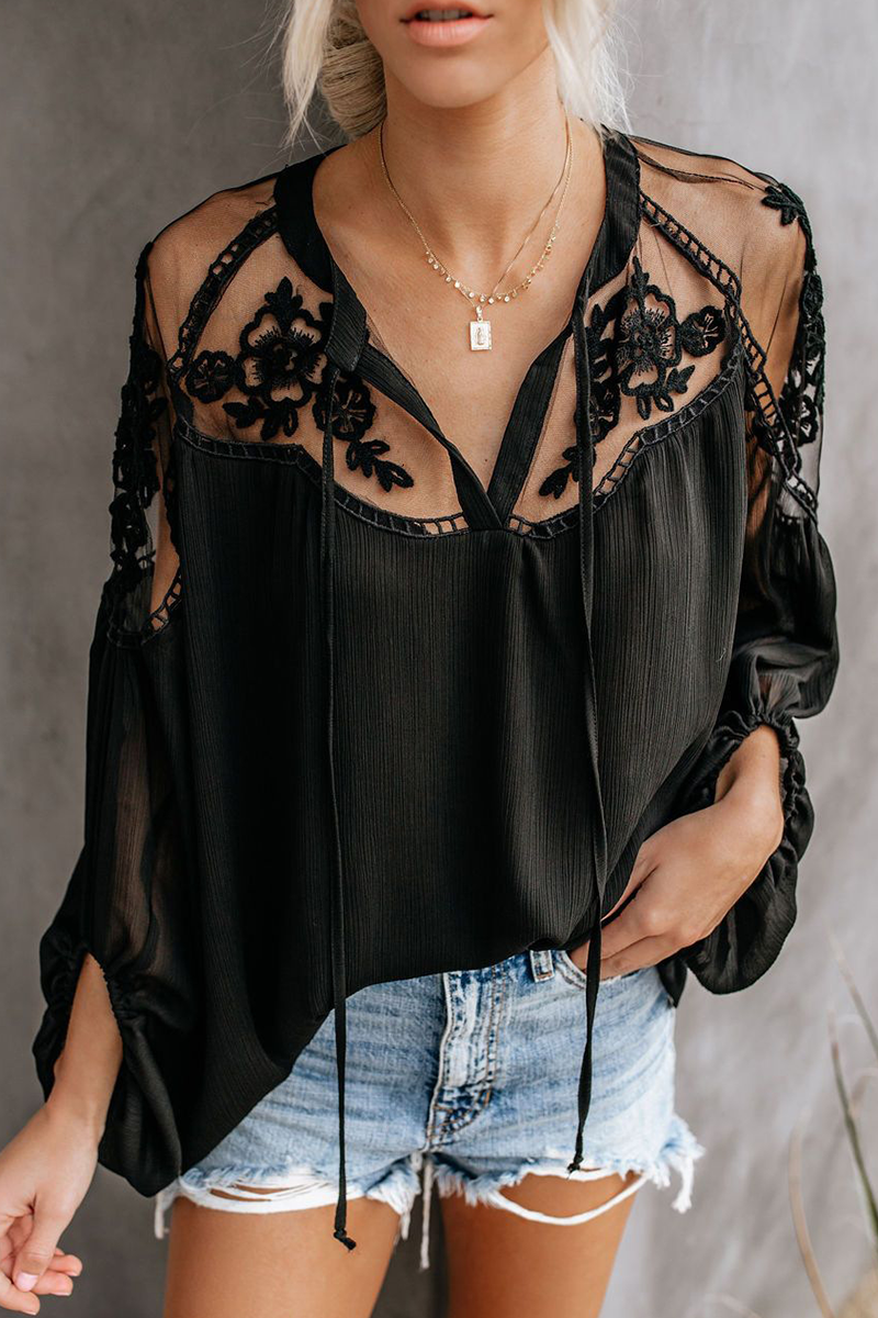 Fashion Elegant Solid Lace Frenulum See-through V Neck Tops