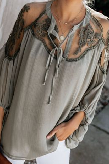 Fashion Elegant Solid Lace Frenulum See-through V Neck Tops