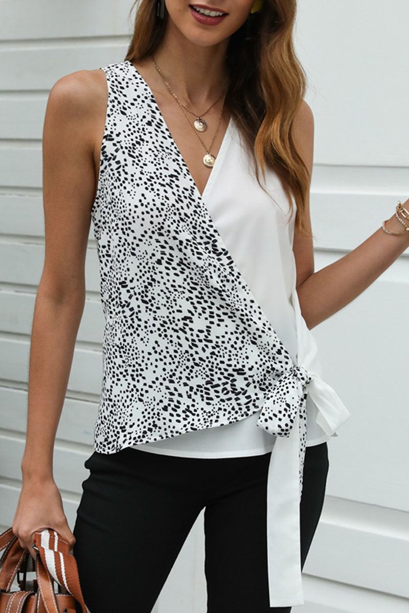 Fashion Elegant Print Split Joint V Neck Tops