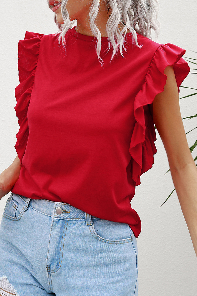 Fashion Elegant Solid Flounce O Neck Tops