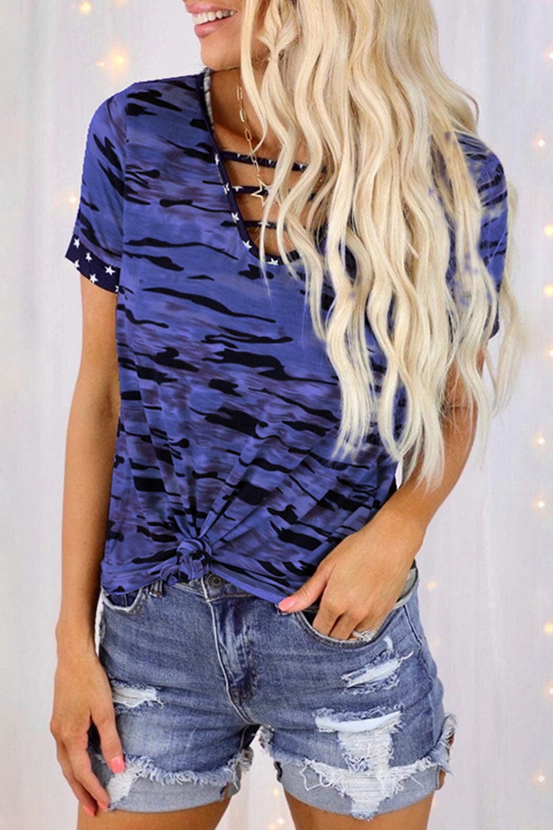 Casual Street Camouflage Print Hollowed Out Split Joint V Neck T-Shirts