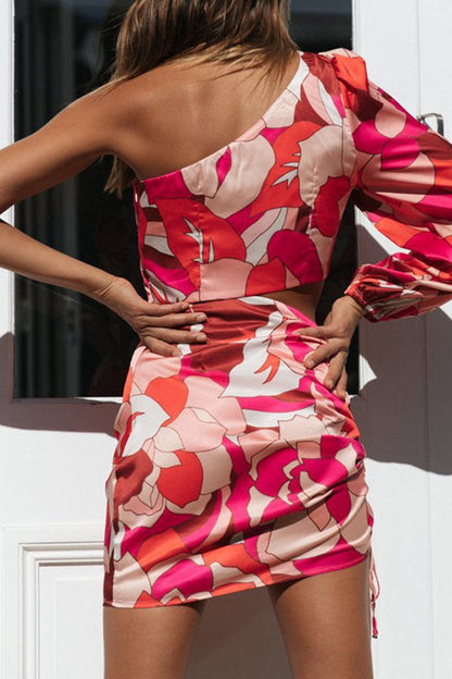 Xieyinshe Fashion Street Print Hollowed Out One Shoulder Irregular Dresses