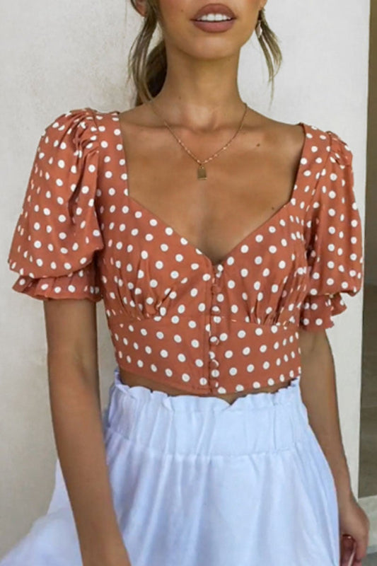 Fashion Sweet Polka Dot Split Joint V Neck Tops