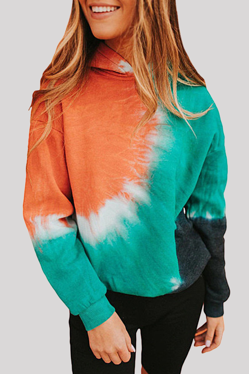 Casual Tie Dye Split Joint Hooded Collar Tops