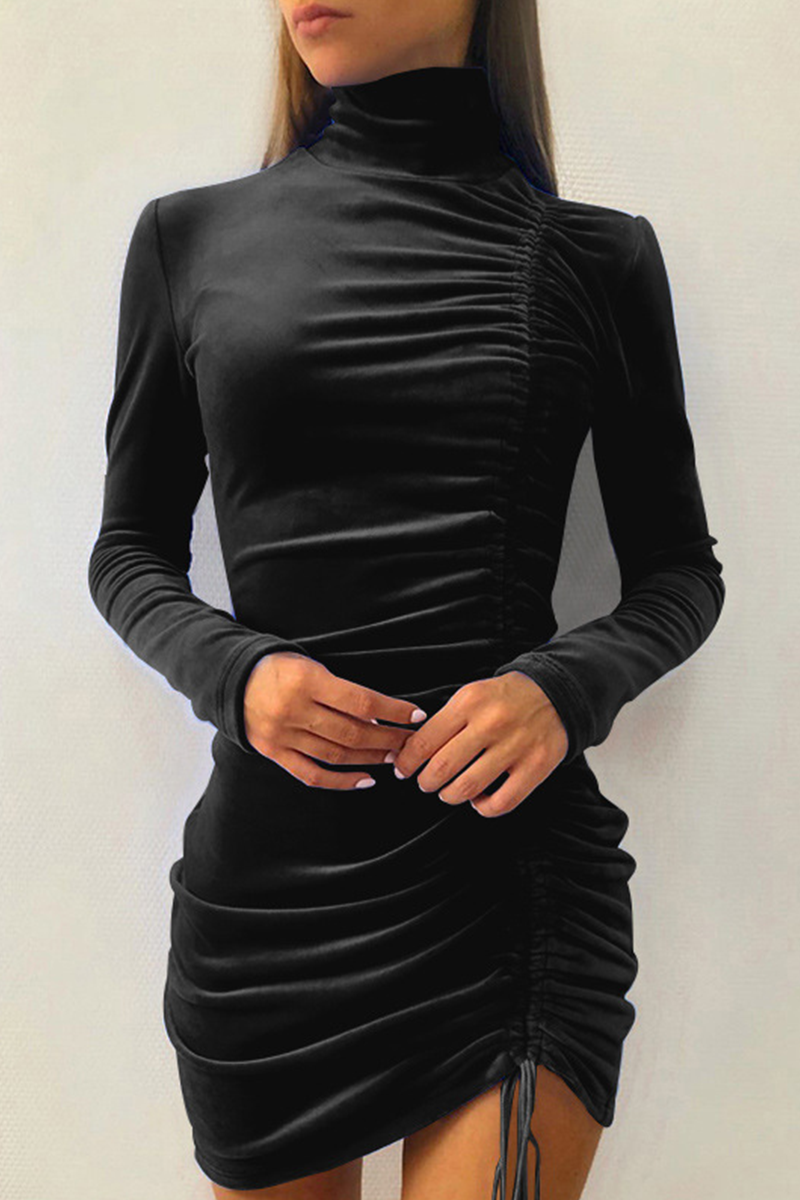 Xieyinshe Fashion Elegant Solid Split Joint Fold Half A Turtleneck Pencil Skirt Dresses