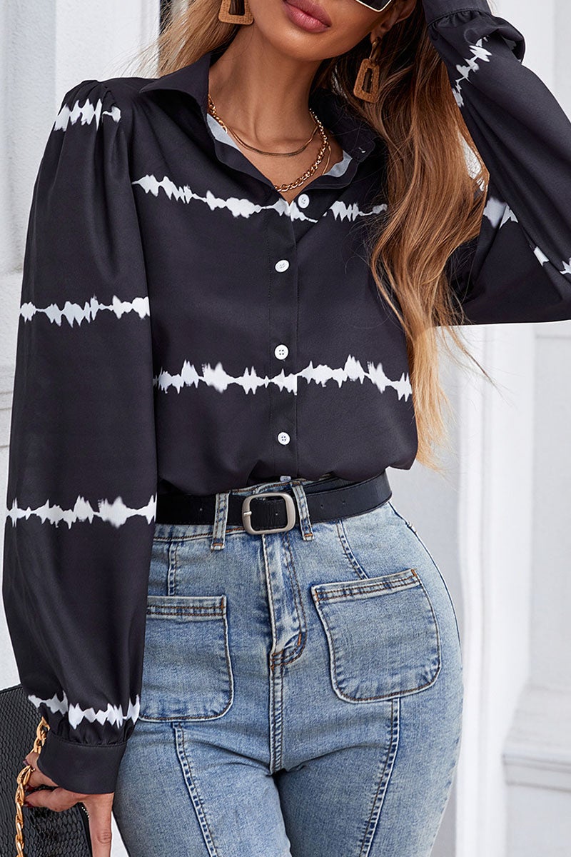 Fashion Street Print Split Joint Turndown Collar Tops