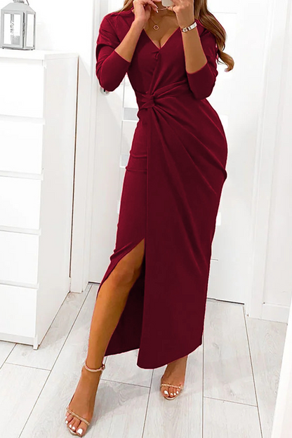 Xieyinshe Elegant Solid Slit Fold V Neck Evening Dress Dresses(4 Colors)